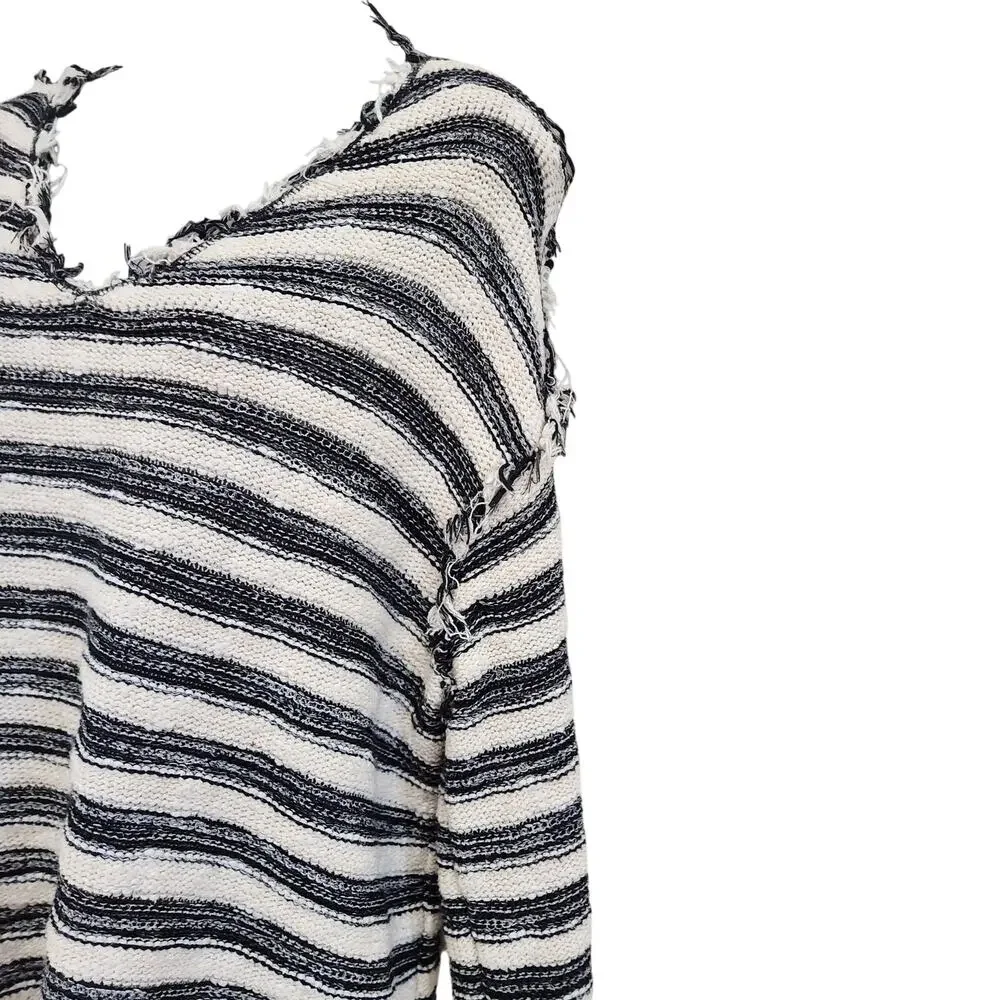Free People Spells Trouble Stripe Pullover Sweater 3/4 Sleeve Ivory Black Small